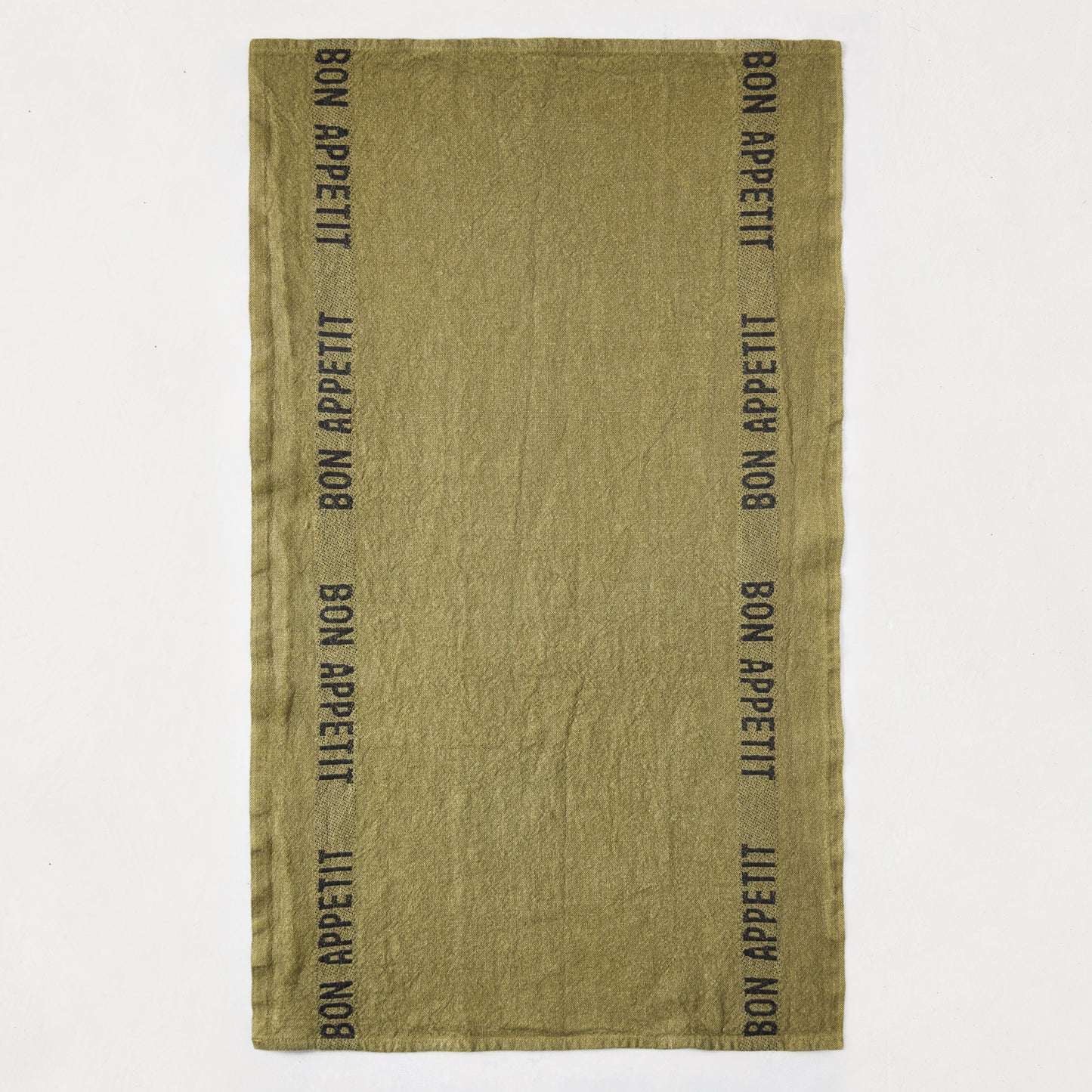 Set of 2 "Bon Appetit" dark green linen hand towels with black lettering, folded.