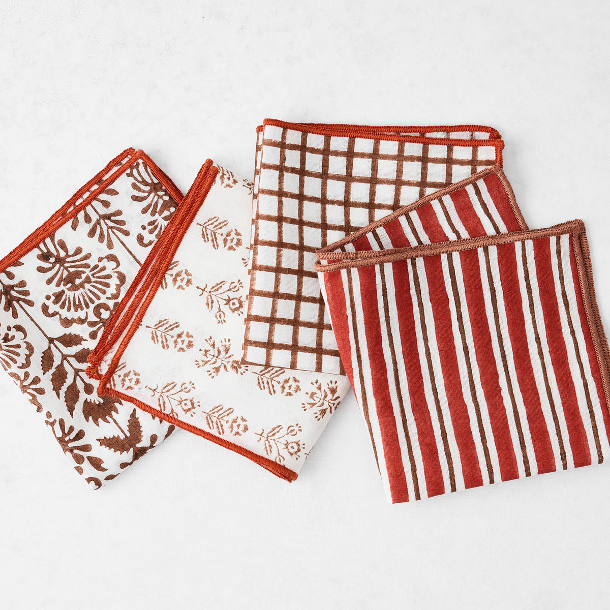 Brick and Camel Bistro Block Print Appetizer Cotton Napkins, Set of 4