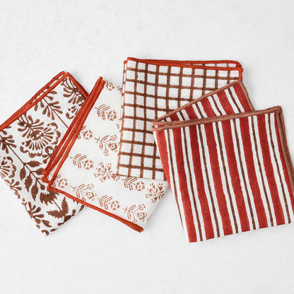 Brick and Camel Bistro Block Print Appetizer Cotton Napkins, Set of 4