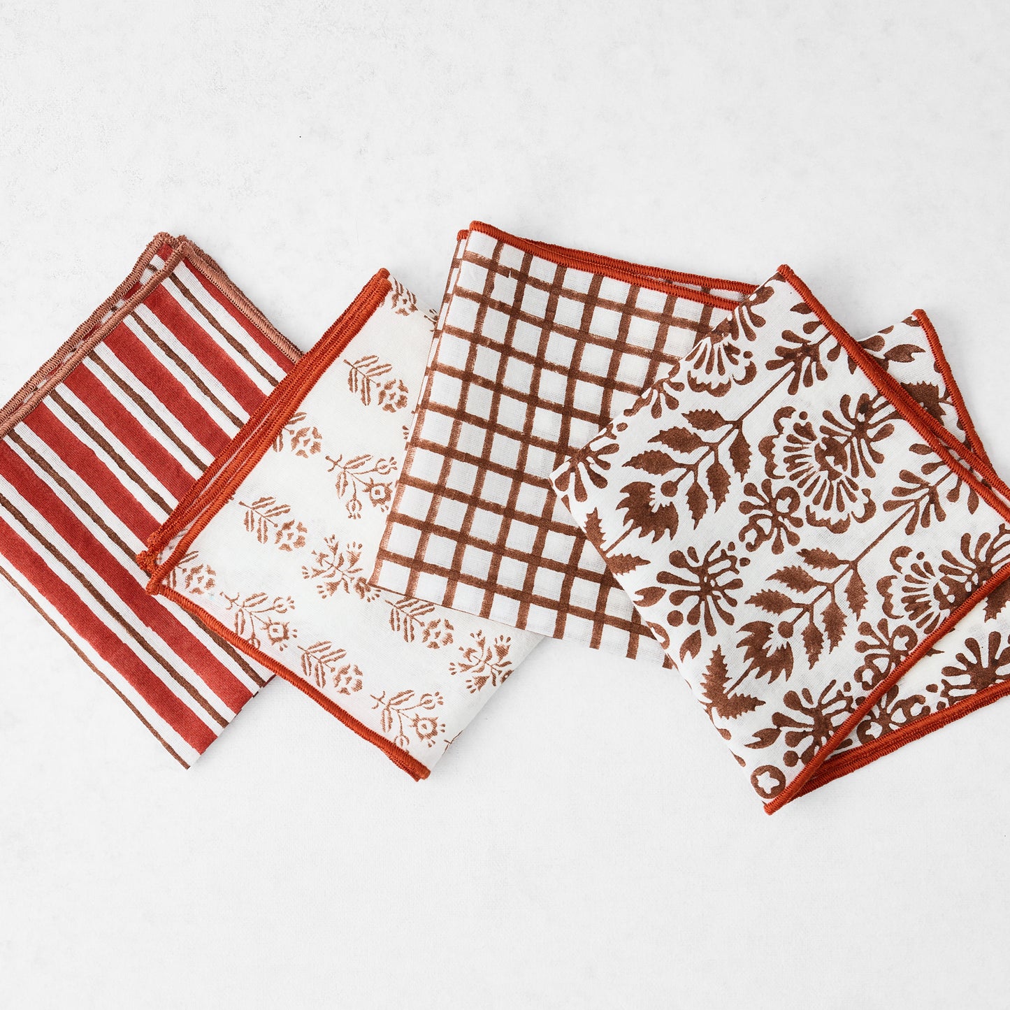 Brick and Camel Bistro Block Print Appetizer Cotton Napkins, Set of 4