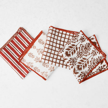 Brick and Camel Bistro Block Print Appetizer Cotton Napkins, Set of 4