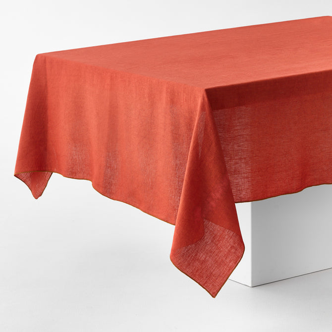 Brick Red Embroidered Tipped Stitch Linen Tablecloth