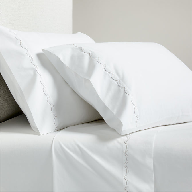 White percale sheet set with brown scallop stitch edging on pillowcases and flat sheet.
