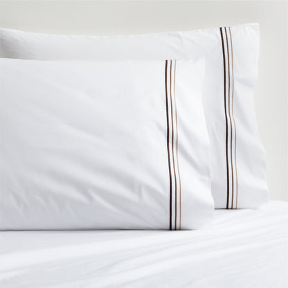 White percale pillowcases with brown triple stitch detail, set of 2.