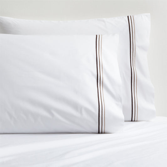 White percale pillowcases with brown triple stitch detail, set of 2.
