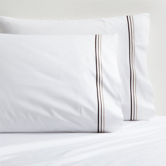 White percale pillowcases with brown triple stitch detail, set of 2.