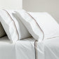 White percale sheet set with brown triple stitch edging on pillowcases and flat sheet.
