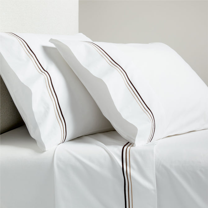 White percale sheet set with brown triple stitch edging on pillowcases and flat sheet.