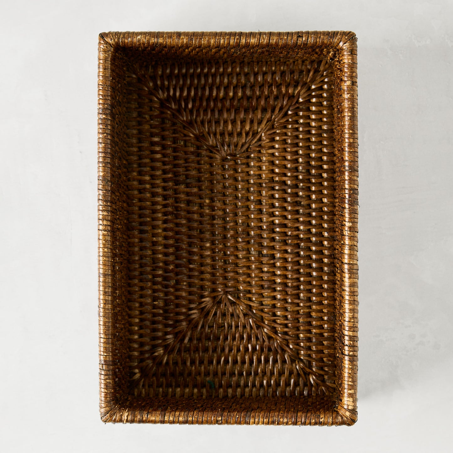 Brown woven rattan rectangular hand towel holder, 10" x 6"x 2.25"H.