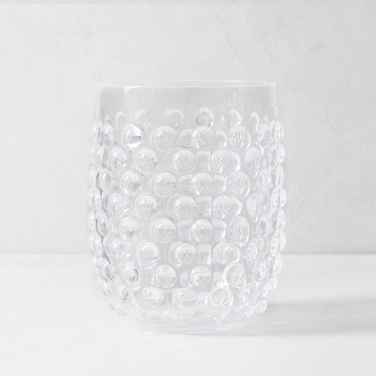 Clear bubble acrylic double old fashioned glass, 14oz, with textured surface.