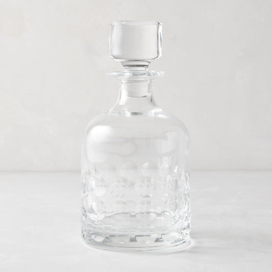 Clear lead-free eco-crystal decanter with a bubble pattern and square stopper.