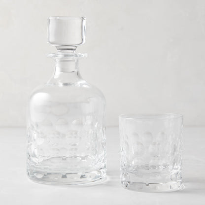 Clear Bubble Eco-Crystal Old Fashioned glass and matching decanter with textured bubble pattern.