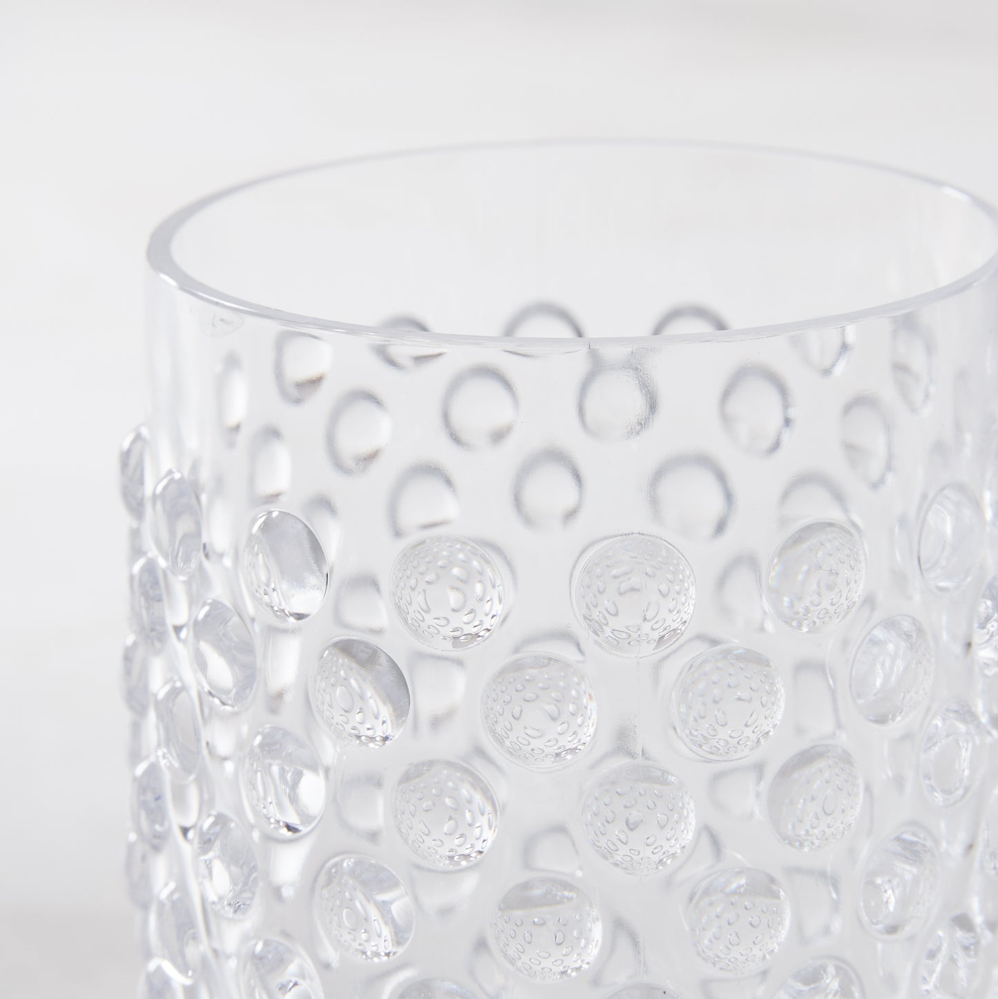 Clear bubble acrylic double old fashioned glass, 14oz, with textured dimples.