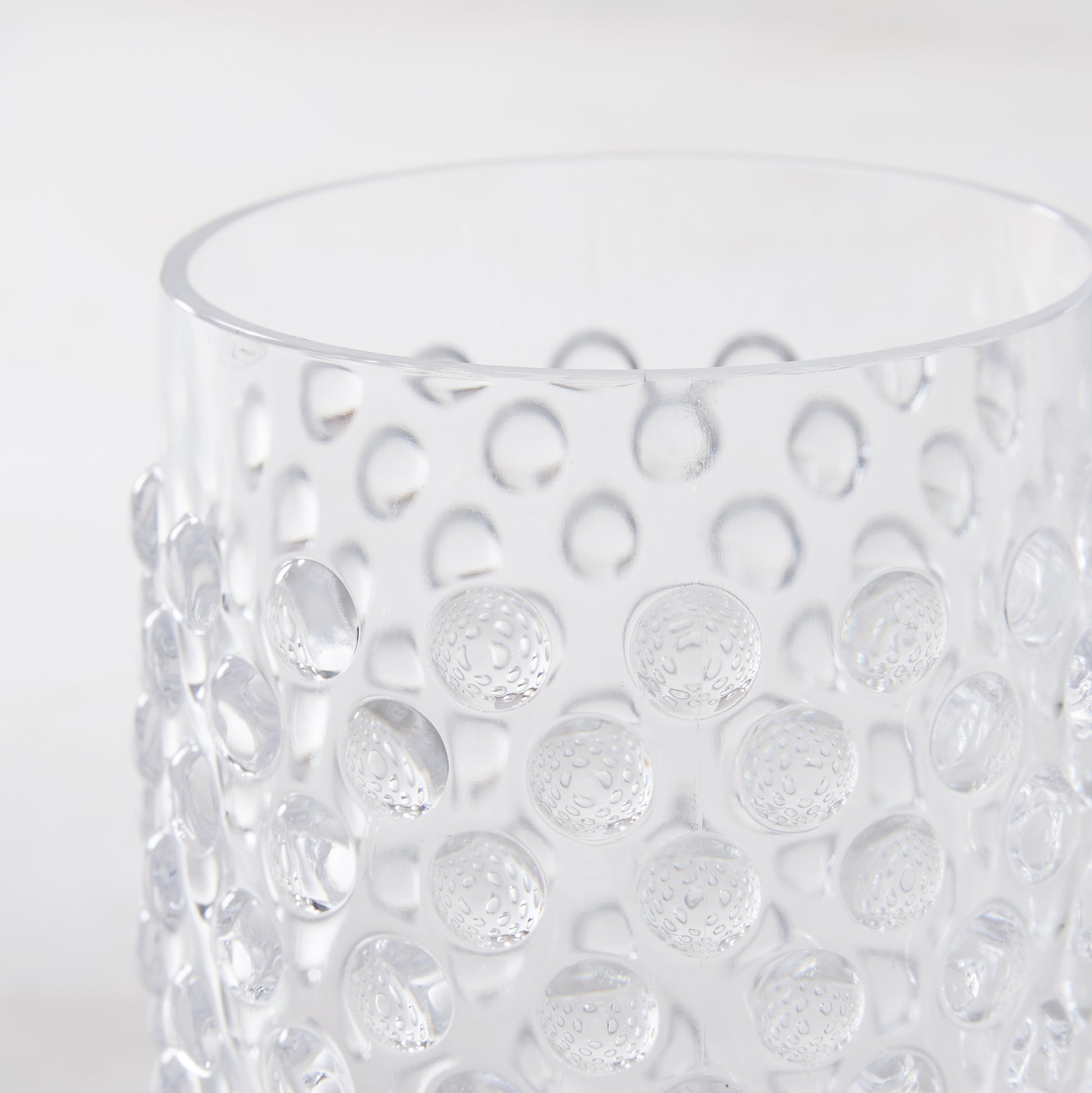 Clear bubble acrylic double old fashioned glass, 14oz, with textured dimples.