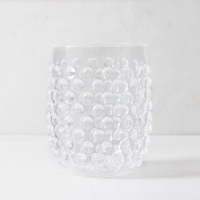 Clear bubble acrylic double old fashioned glass, 14oz, with textured surface.