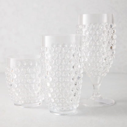 Clear acrylic bubble highball glass, tumbler, and wine glass set.