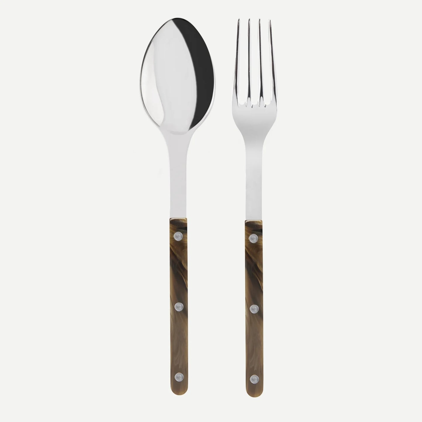 Buffalo Bistro 2-piece serving set: 10.25" stainless steel spoon and fork with brown marbled acrylic handles.