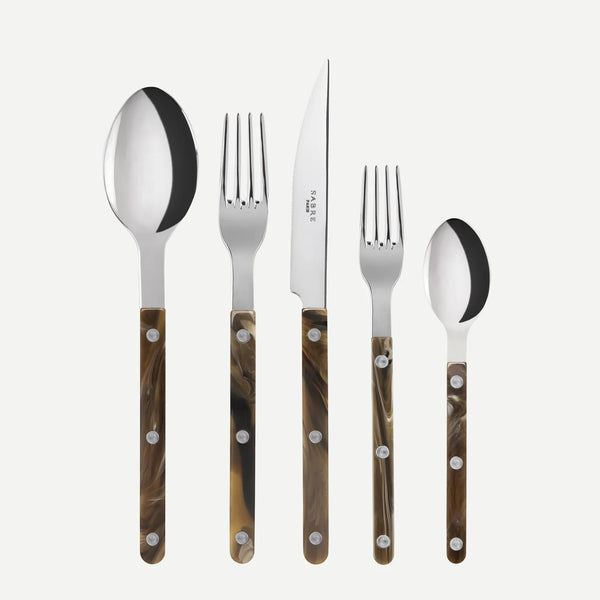 Buffalo Bistro 5-piece flatware set with stainless steel utensils and brown marbled acrylic handles.