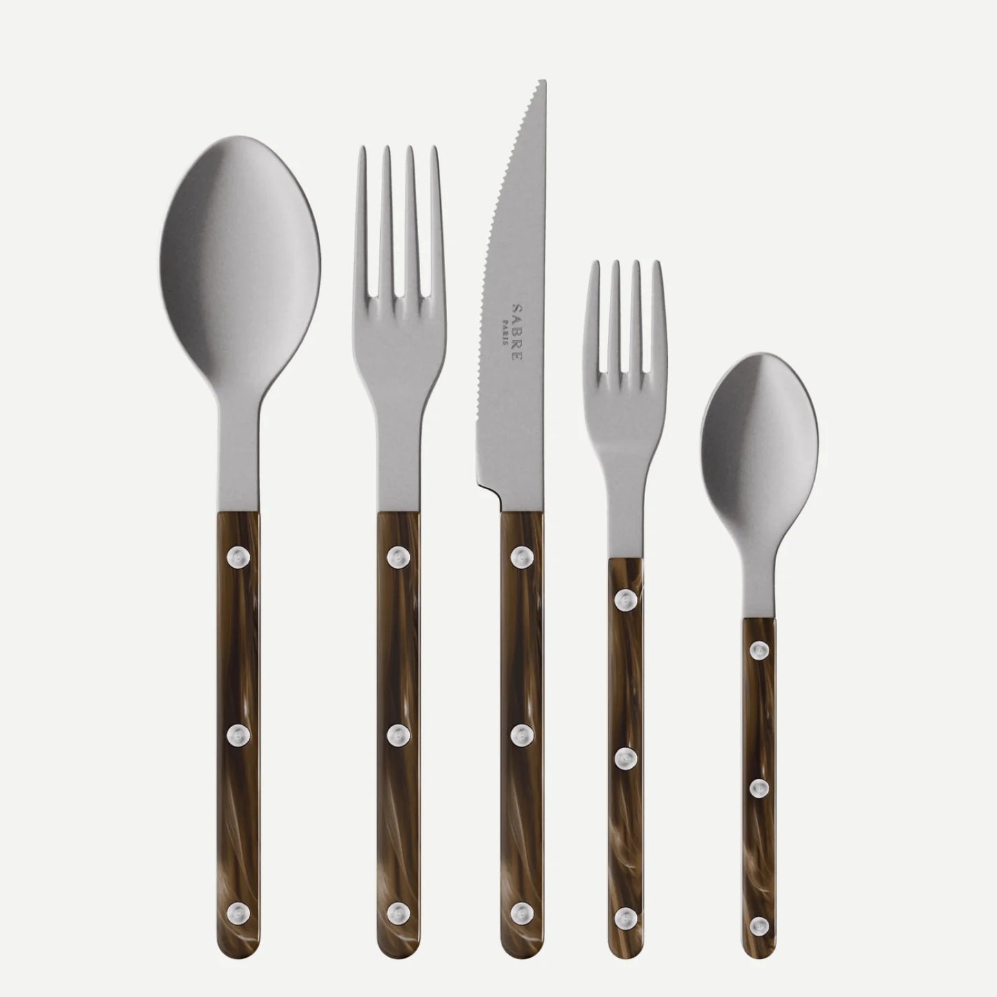 Buffalo Bistro Vintage Finish 5-piece flatware set with stainless steel and brown marbled acrylic handles.