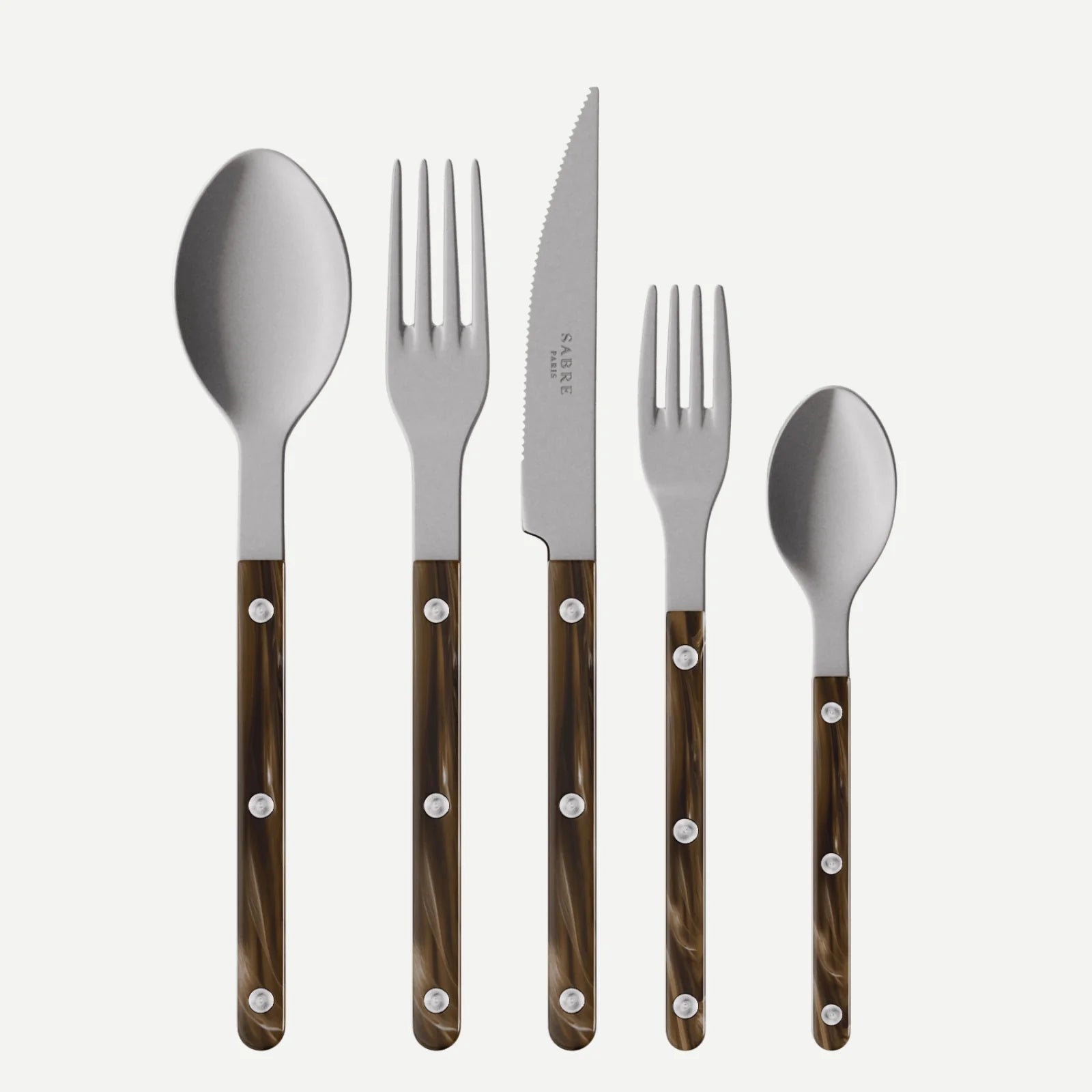 Buffalo Bistro Vintage Finish 5-piece flatware set with stainless steel and brown marbled acrylic handles.