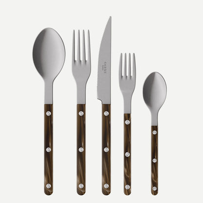 Buffalo Bistro Vintage Finish 5-piece flatware set with stainless steel and brown marbled acrylic handles.