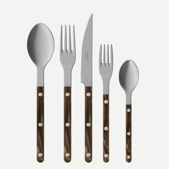 Buffalo Bistro Vintage Finish 5-piece flatware set with stainless steel and brown marbled acrylic handles.