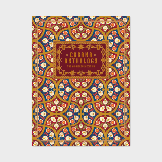 Cabana Anthology hardcover book featuring an intricate red, blue, and gold floral pattern with a central decorative title.