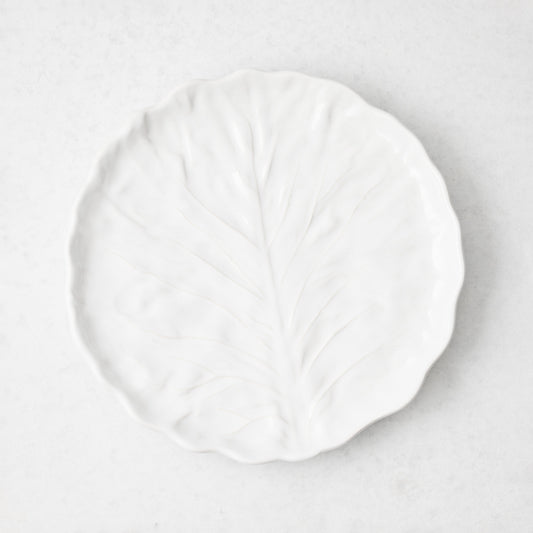 White ceramic salad plate with a detailed cabbage leaf texture and scalloped edges, 7.87 inches in diameter.