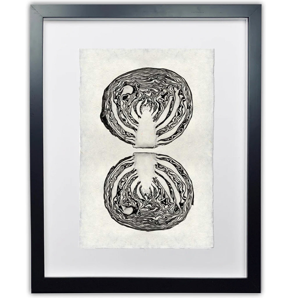 Framed black and white cabbage print on handmade Nepalese paper, featuring a unique worn look.