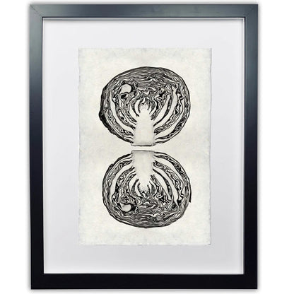 Framed black and white cabbage print on handmade Nepalese paper, featuring a unique worn look.