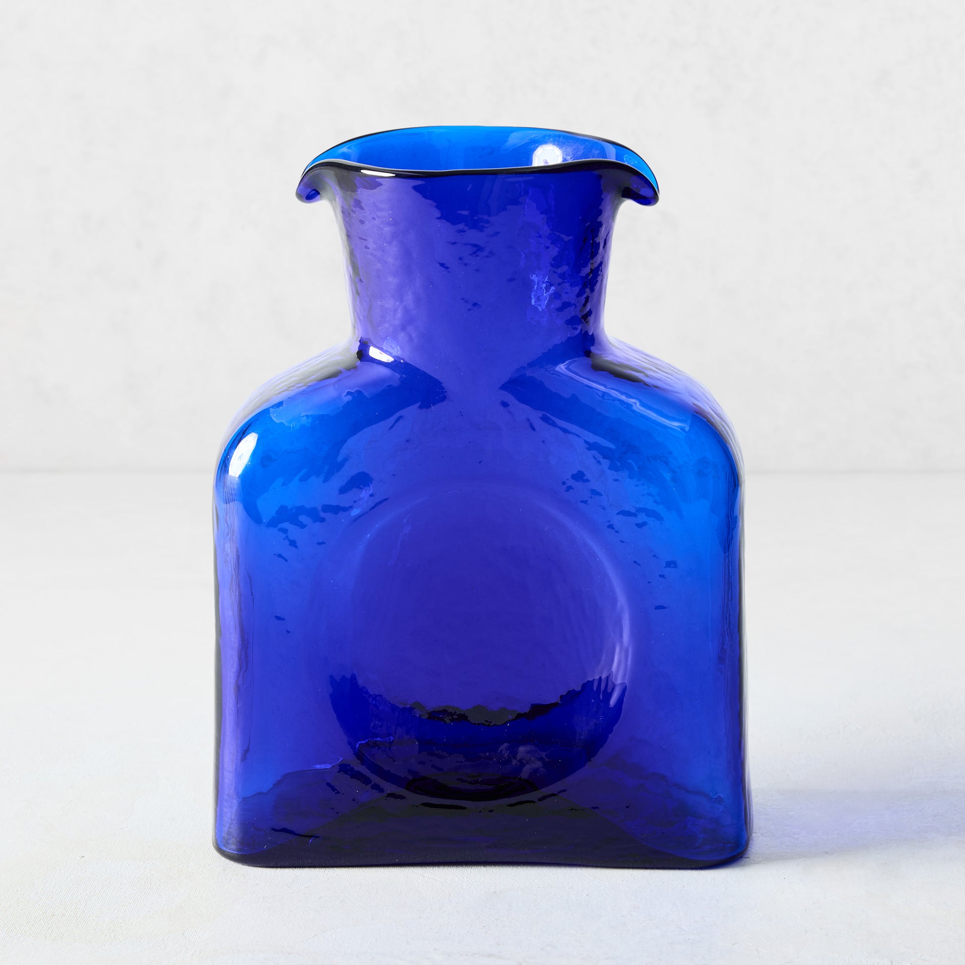 Cabell Blue Square Glass Pitcher, hand-blown, dual-spout, easy-grab dip, 8"H.
