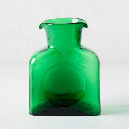 Cabell Green Square Glass Pitcher, hand-blown, dual-spout, 8"H x 6.5"W, 36oz.