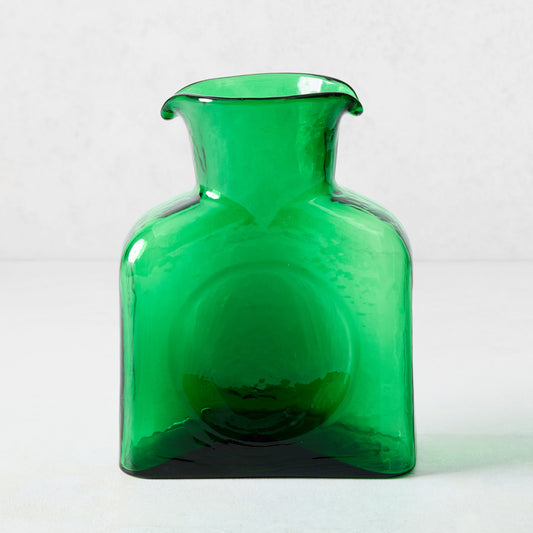 Cabell Green Square Glass Pitcher, hand-blown, dual-spout, 8"H x 6.5"W, 36oz.