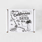 White box of Organic California Grown Dates with black line art map design.