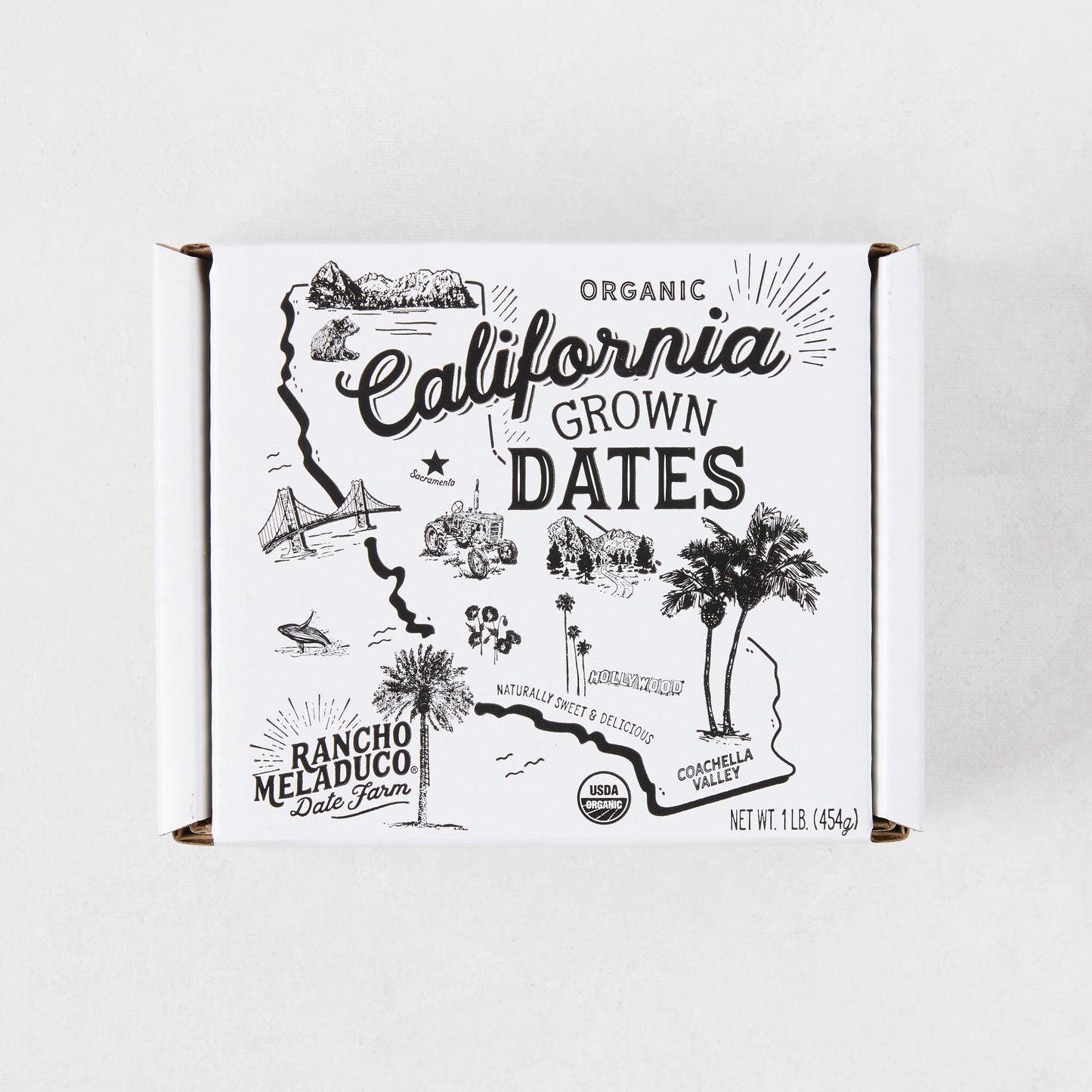 White box of Organic California Grown Dates with black line art map design.