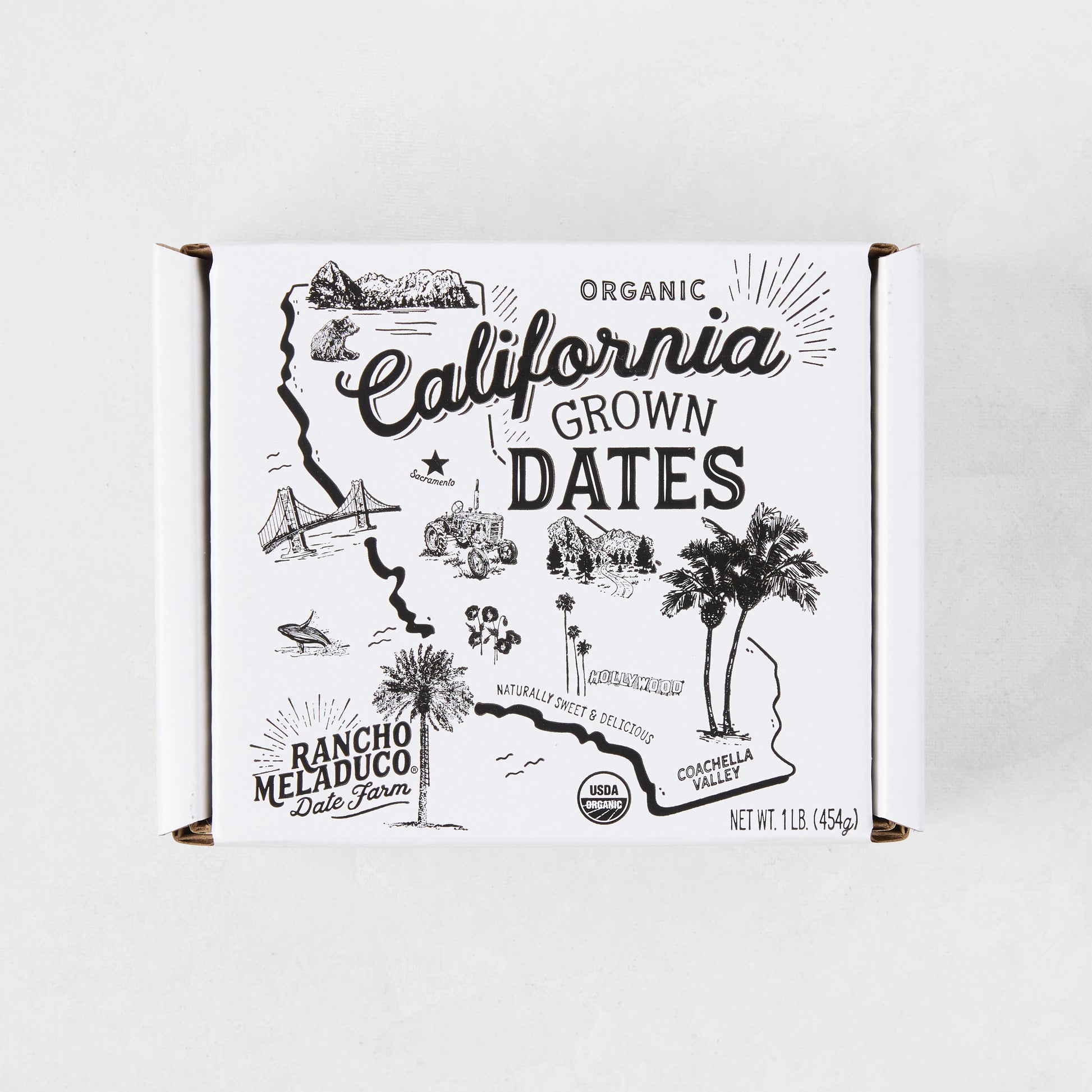 White box of Organic California Grown Dates with black line art map design.