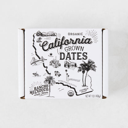 White box of Organic California Grown Dates with black line art map design.