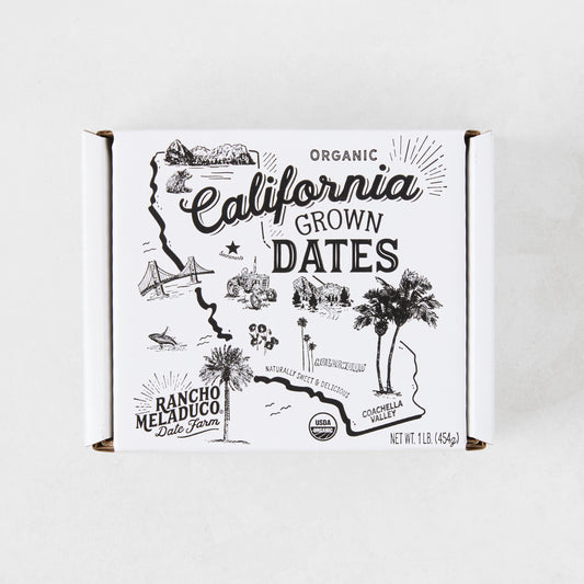 White box of Organic California Grown Dates with black line art map design.