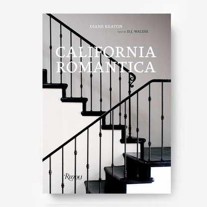 Diane Keaton's "California Romantica" book, featuring a black and white image of an elegant staircase.