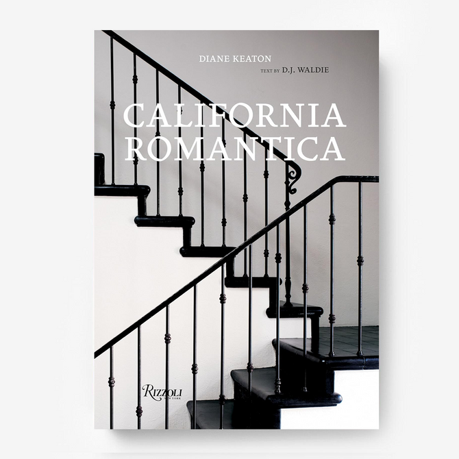 Diane Keaton's "California Romantica" book, featuring a black and white image of an elegant staircase.