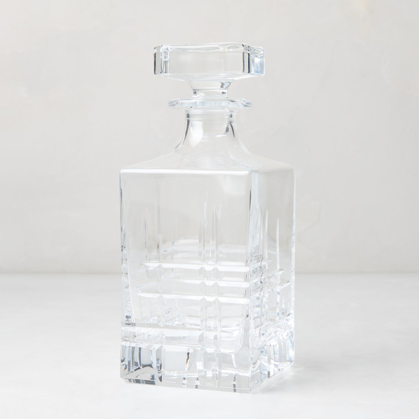 Camden Eco-Crystal Decanter, clear lead-free crystal with square stopper and cut glass pattern.