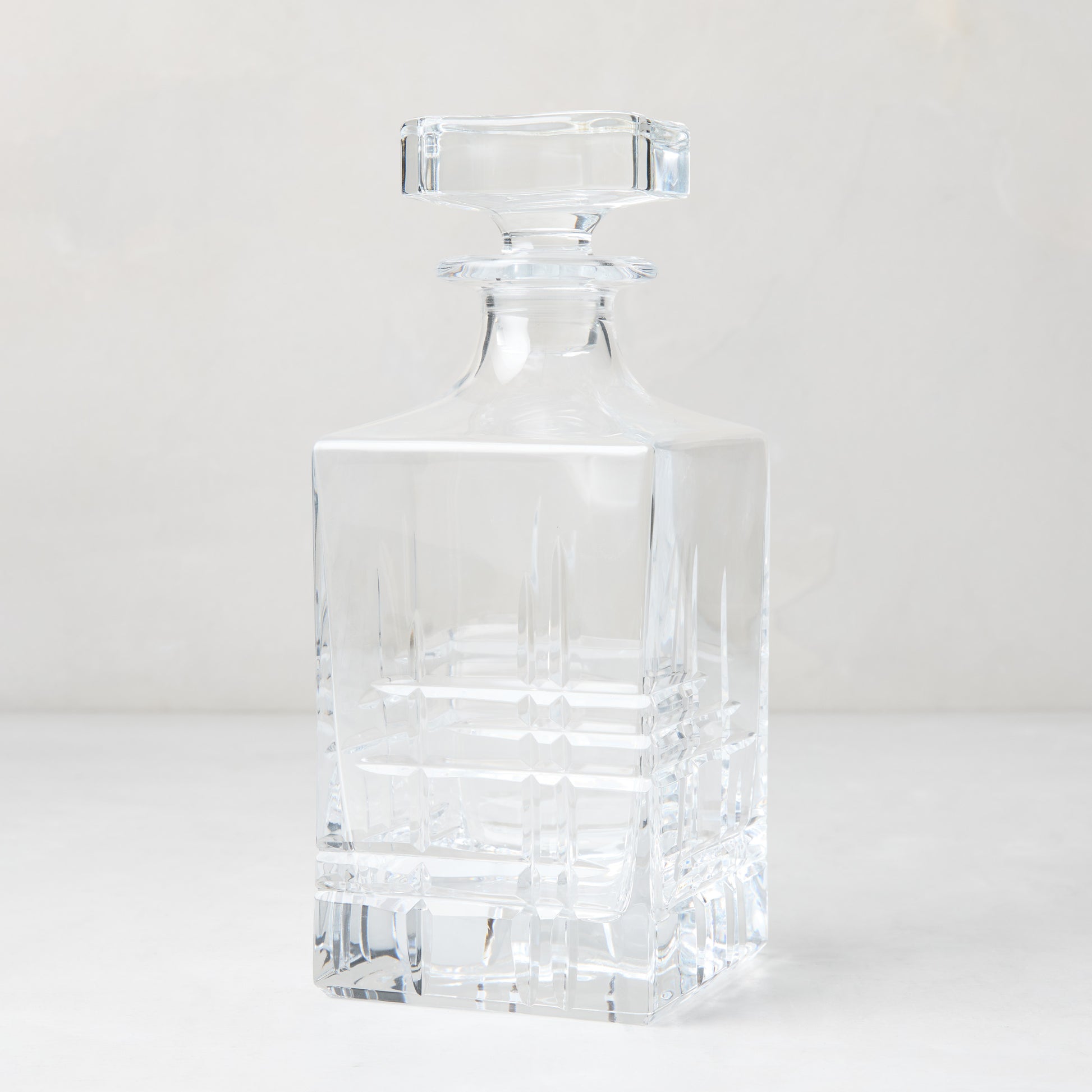 Camden Eco-Crystal Decanter, clear lead-free crystal with square stopper and cut glass pattern.