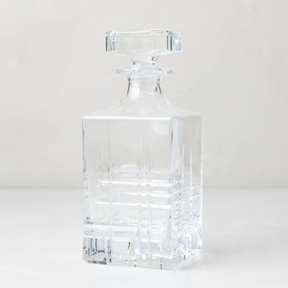 Camden Eco-Crystal Decanter, clear lead-free crystal with square stopper and cut glass pattern.