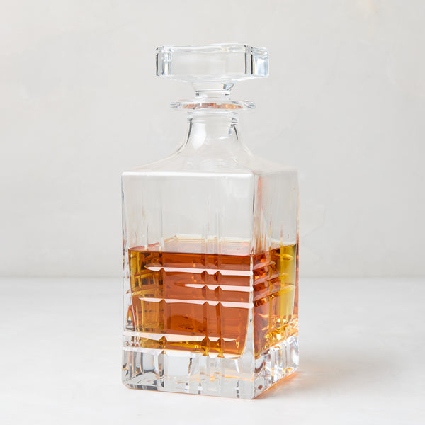 Camden Eco-Crystal Decanter with whiskey, clear lead-free crystal, square with cut glass details.