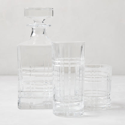 Camden Eco-Crystal Double Old-Fashioned glass, decanter, and highball glass with grid pattern.