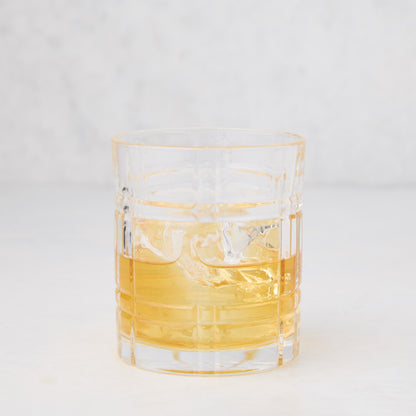 Camden Eco-Crystal Double Old-Fashioned Glass, 11oz, with whiskey and ice, featuring a cut glass pattern.