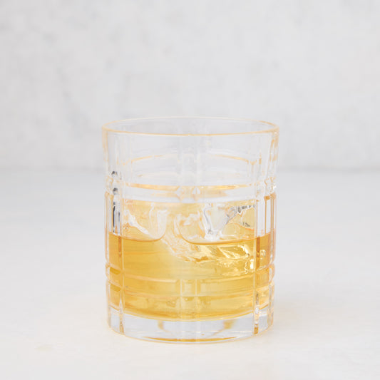 Camden Eco-Crystal Double Old-Fashioned Glass, 11oz, with whiskey and ice, featuring a cut glass pattern.