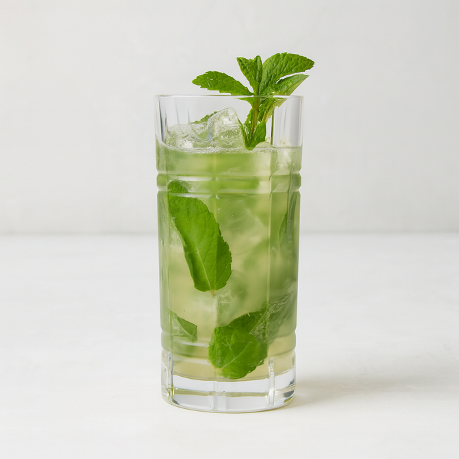 Camden Eco-Crystal High Ball Glass with a green cocktail, ice, and fresh mint garnish.