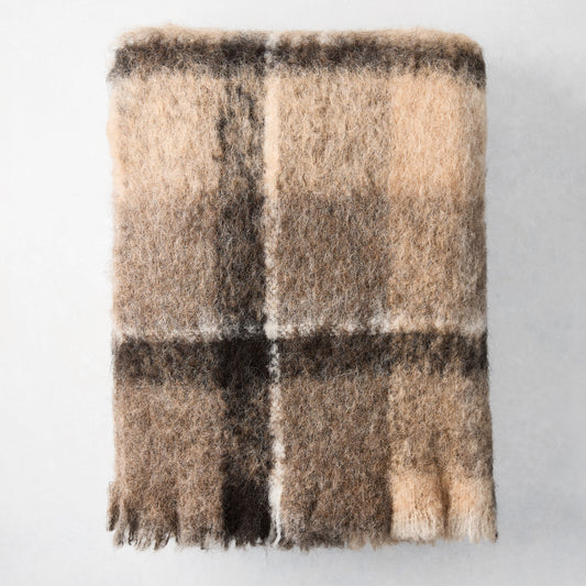 Canterbury Brown Plaid Mohair Throw Blanket, folded, showing fuzzy texture and brown/tan plaid pattern.