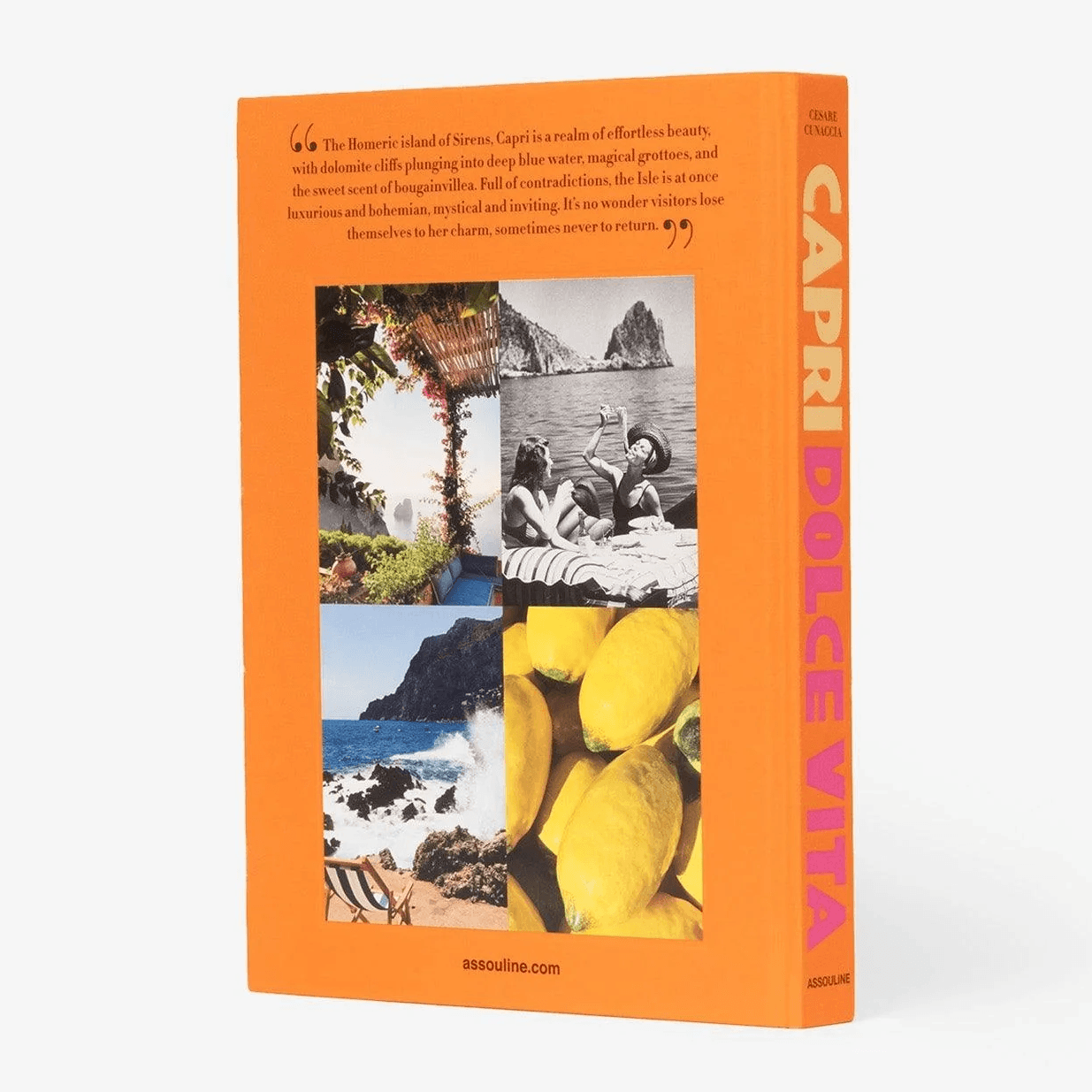 Orange linen hardcover book, "Capri Dolce Vita," with island photos and text on the back cover.